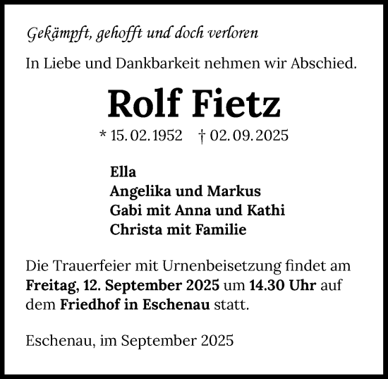 Traueranzeige von Rolf Fietz von GESAMT