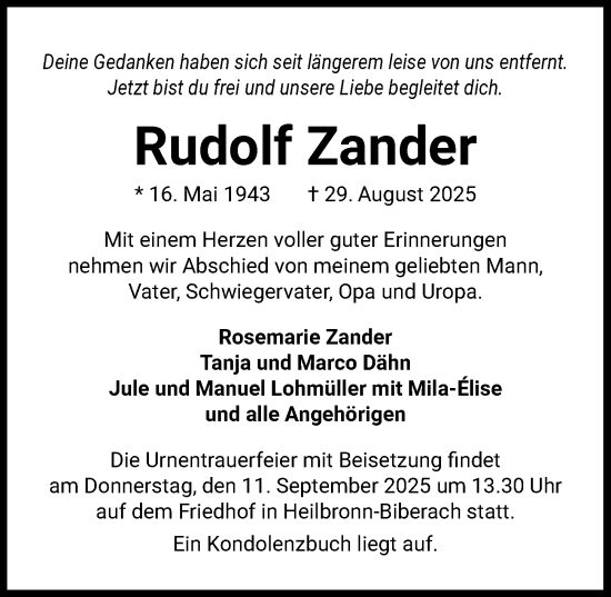 Traueranzeige von Rudolf Zander von GESAMT