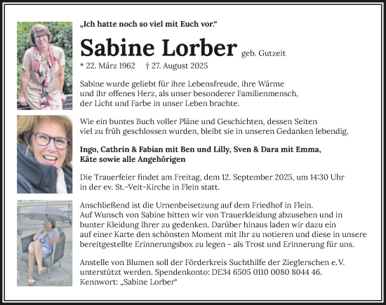Traueranzeige von Sabine Lorber von GESAMT
