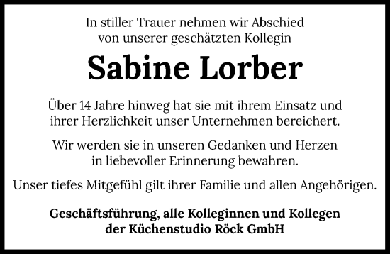Traueranzeige von Sabine Lorber von GESAMT