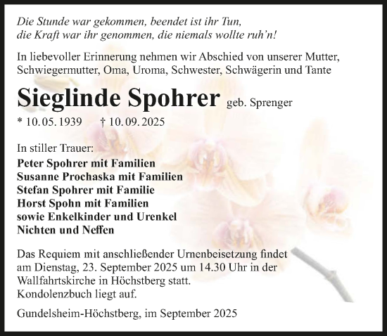 Traueranzeige von Sieglinde Spohrer von GESAMT