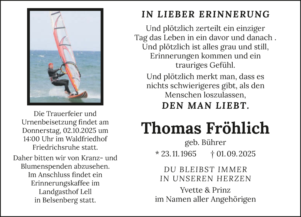  Traueranzeige für Thomas Fröhlich vom 27.09.2025 aus GESAMT