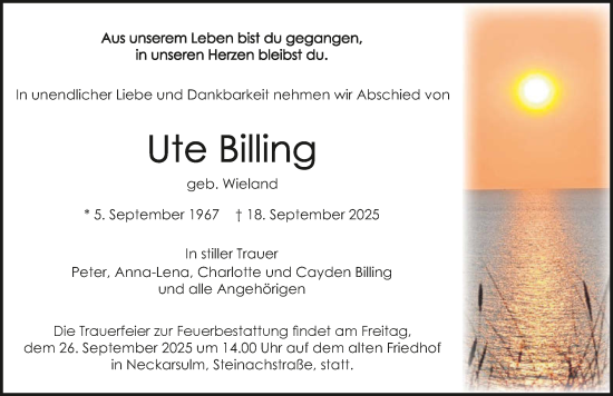 Traueranzeige von Ute Billing von GESAMT