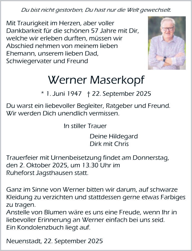  Traueranzeige für Werner Maserkopf vom 27.09.2025 aus GESAMT