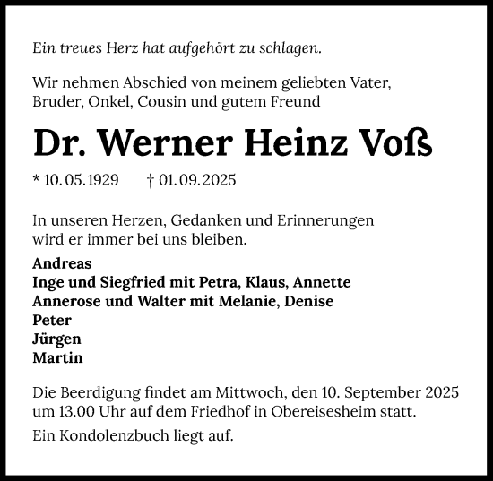 Traueranzeige von Werner Heinz Voß von GESAMT