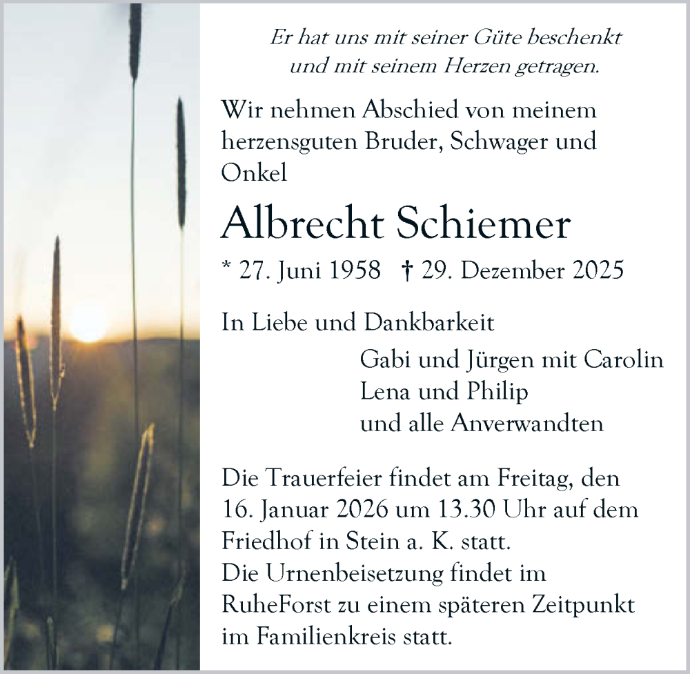  Traueranzeige für Albrecht Schiemer vom 10.01.2026 aus GESAMT
