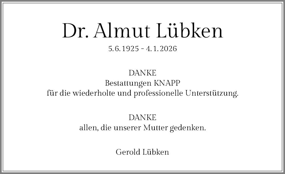  Traueranzeige für Almut Lübken vom 31.01.2026 aus GESAMT