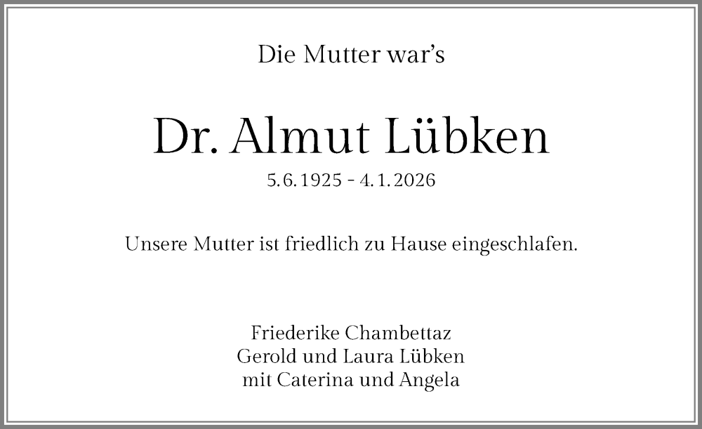  Traueranzeige für Almut Lübken vom 24.01.2026 aus GESAMT