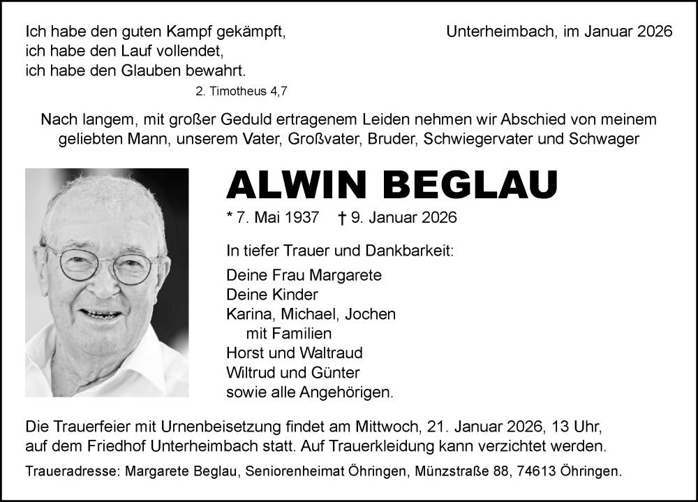  Traueranzeige für Alwin Beglau vom 17.01.2026 aus GESAMT