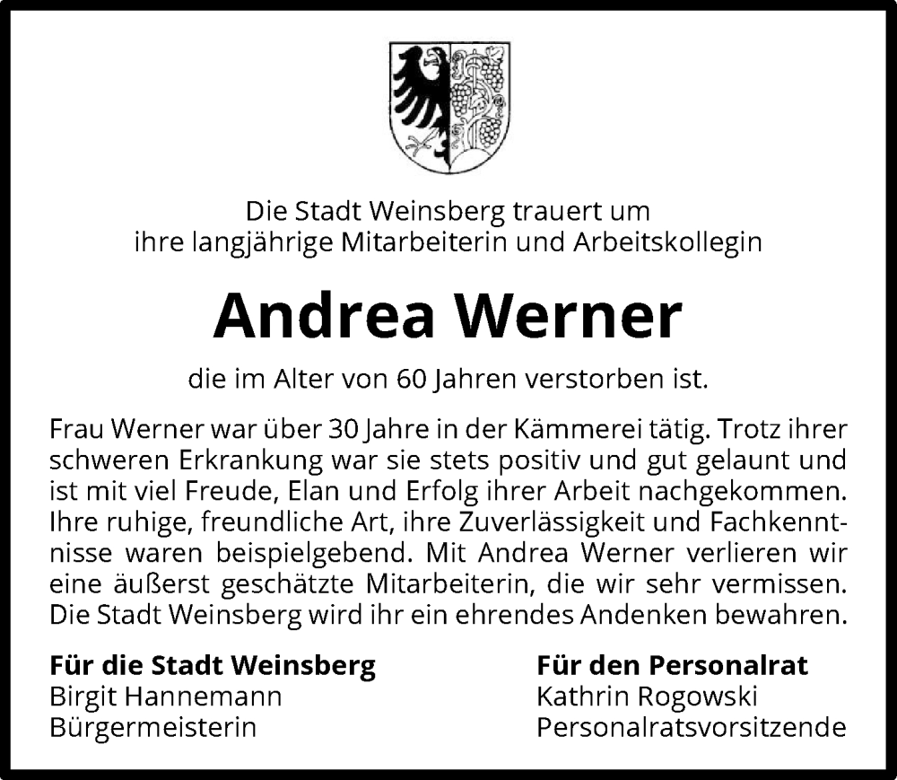  Traueranzeige für Andrea Werner vom 31.01.2026 aus GESAMT