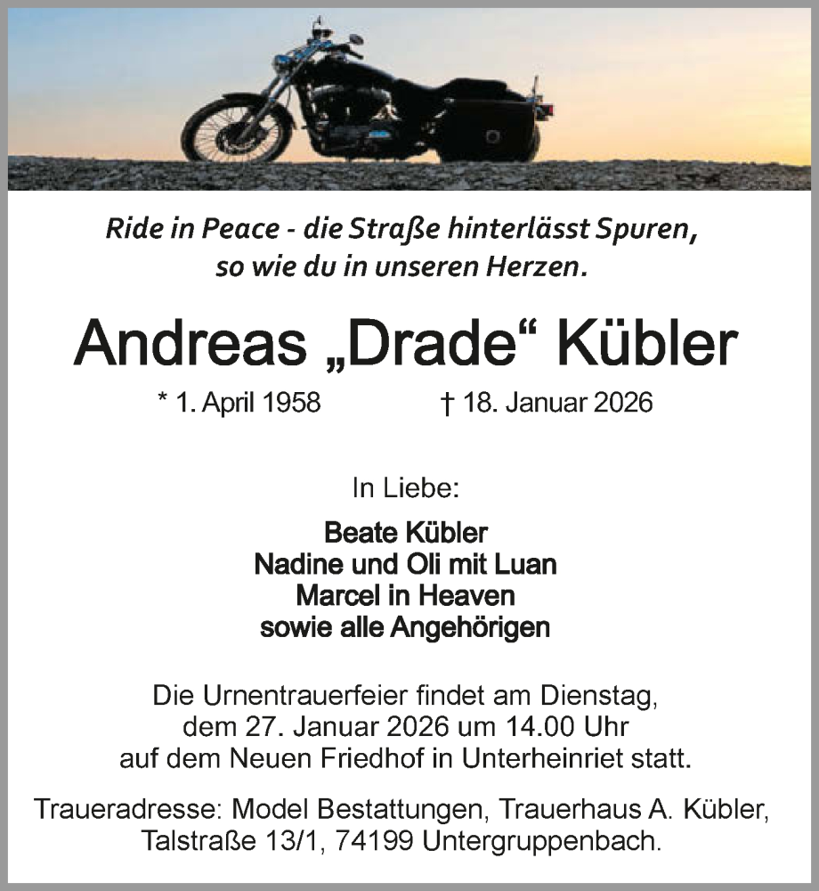  Traueranzeige für Andreas Kübler vom 24.01.2026 aus GESAMT