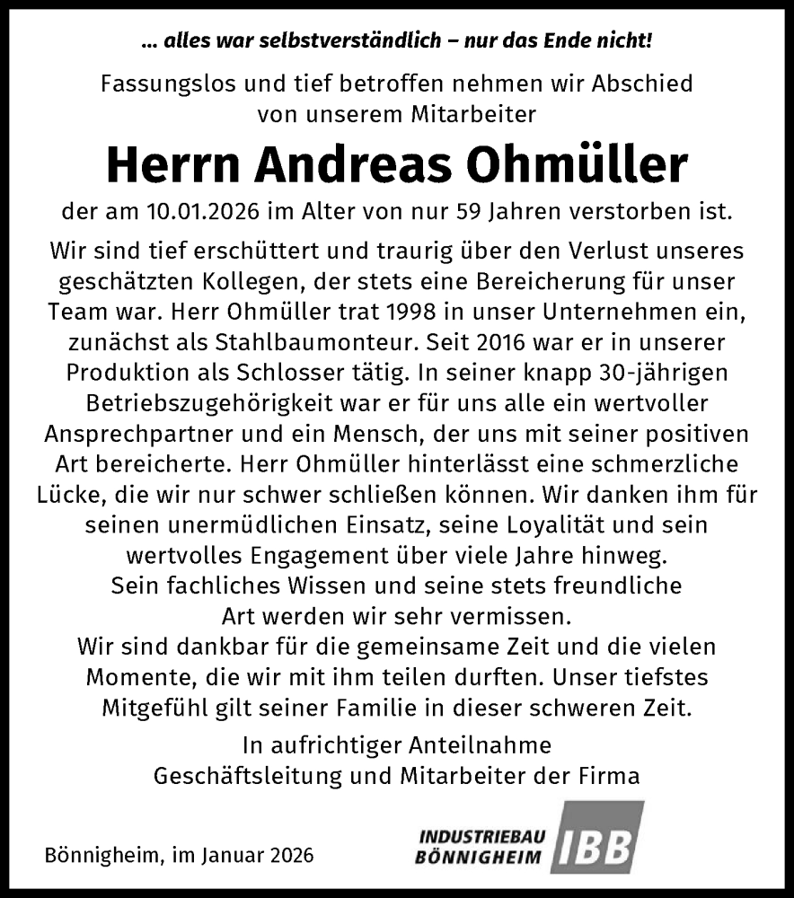  Traueranzeige für Andreas Ohmüller vom 15.01.2026 aus GESAMT