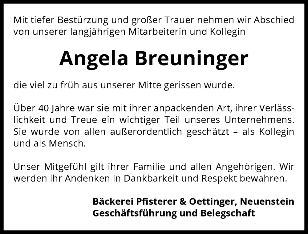  Traueranzeige für Angela Breuninger vom 21.01.2026 aus GESAMT