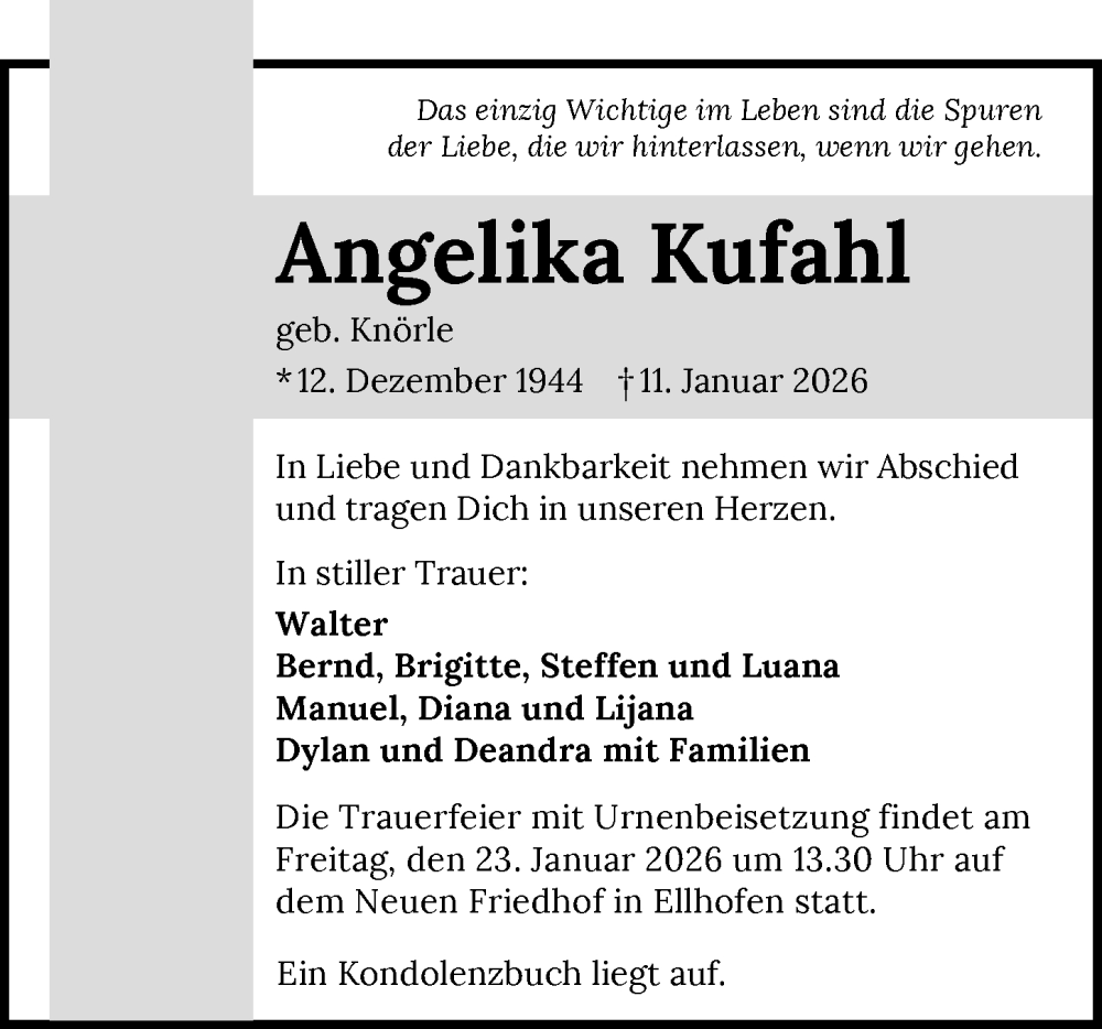  Traueranzeige für Angelika Kufahl vom 17.01.2026 aus GESAMT