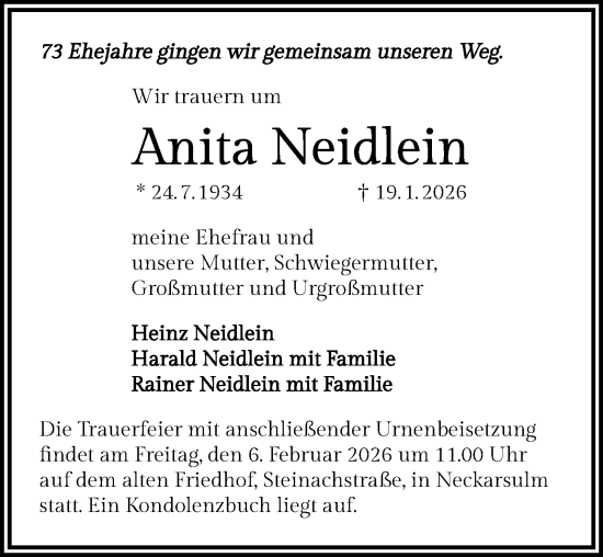 Traueranzeige von Anita Neidlein von GESAMT