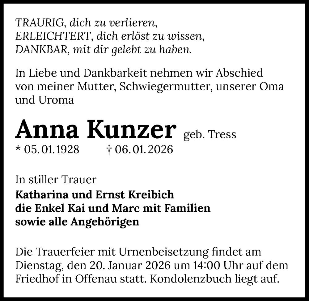  Traueranzeige für Anna Kunzer vom 17.01.2026 aus GESAMT