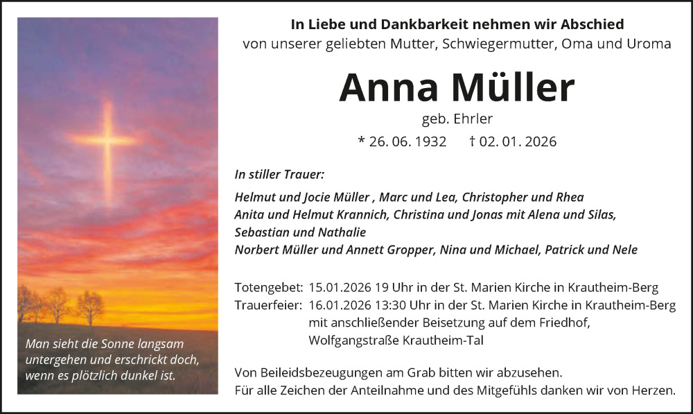 Traueranzeige für Anna Müller vom 13.01.2026 aus GESAMT