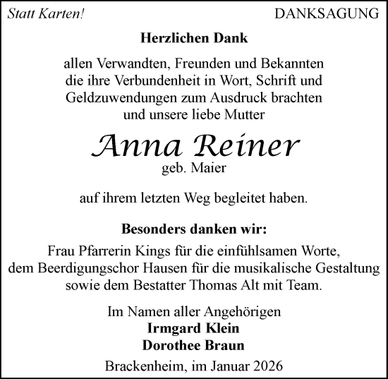 Traueranzeige von Anna Reiner von GESAMT