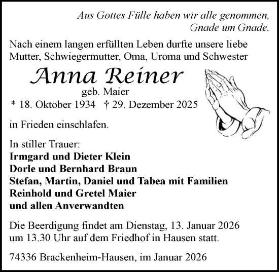 Traueranzeige von Anna Reiner von GESAMT