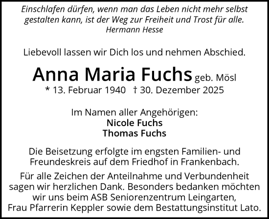 Traueranzeige von Anna Maria Fuchs von GESAMT