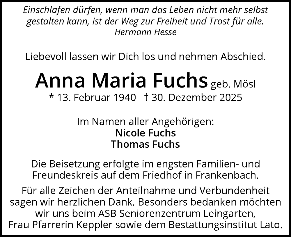  Traueranzeige für Anna Maria Fuchs vom 17.01.2026 aus GESAMT