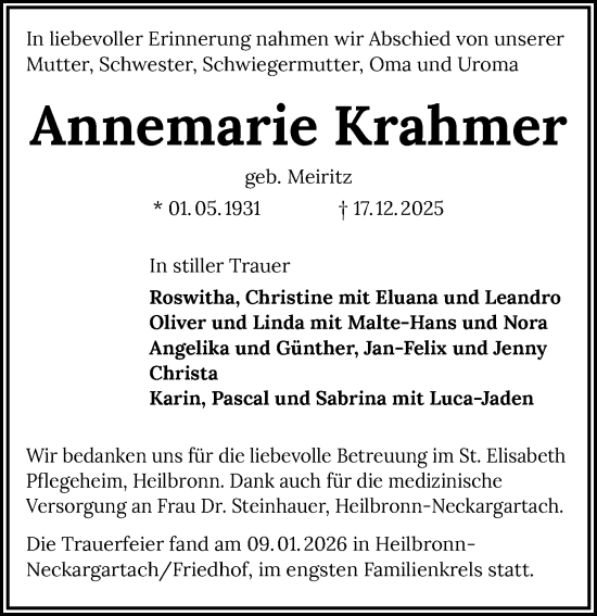 Traueranzeige von Annemarie Krahmer von GESAMT