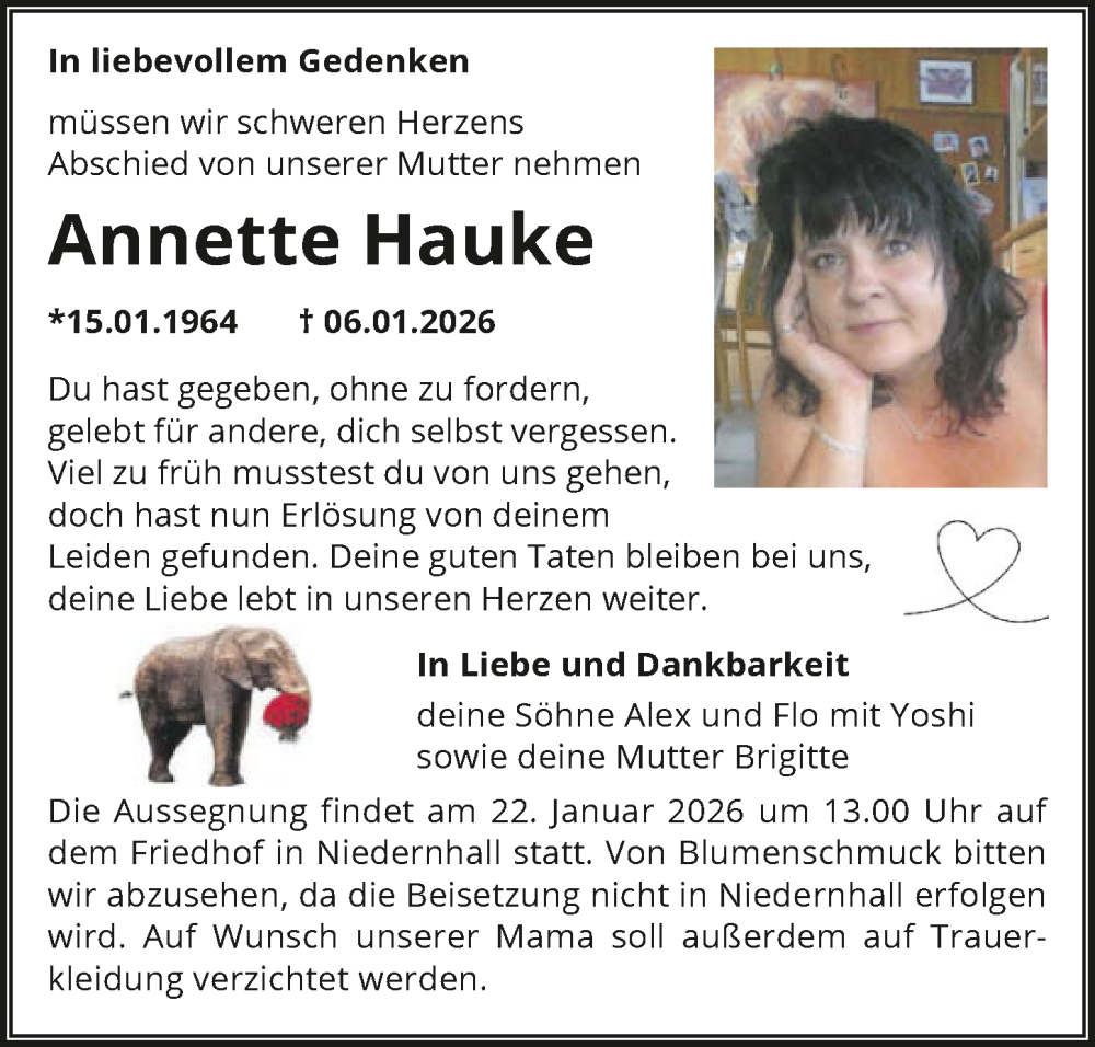  Traueranzeige für Annette Hauke vom 15.01.2026 aus GESAMT