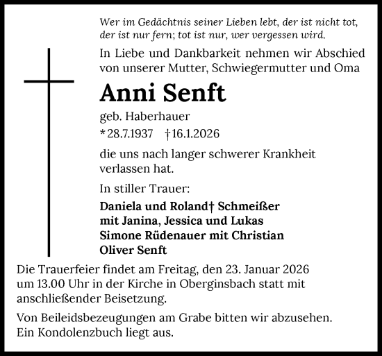 Traueranzeige von Anni Senft von GESAMT