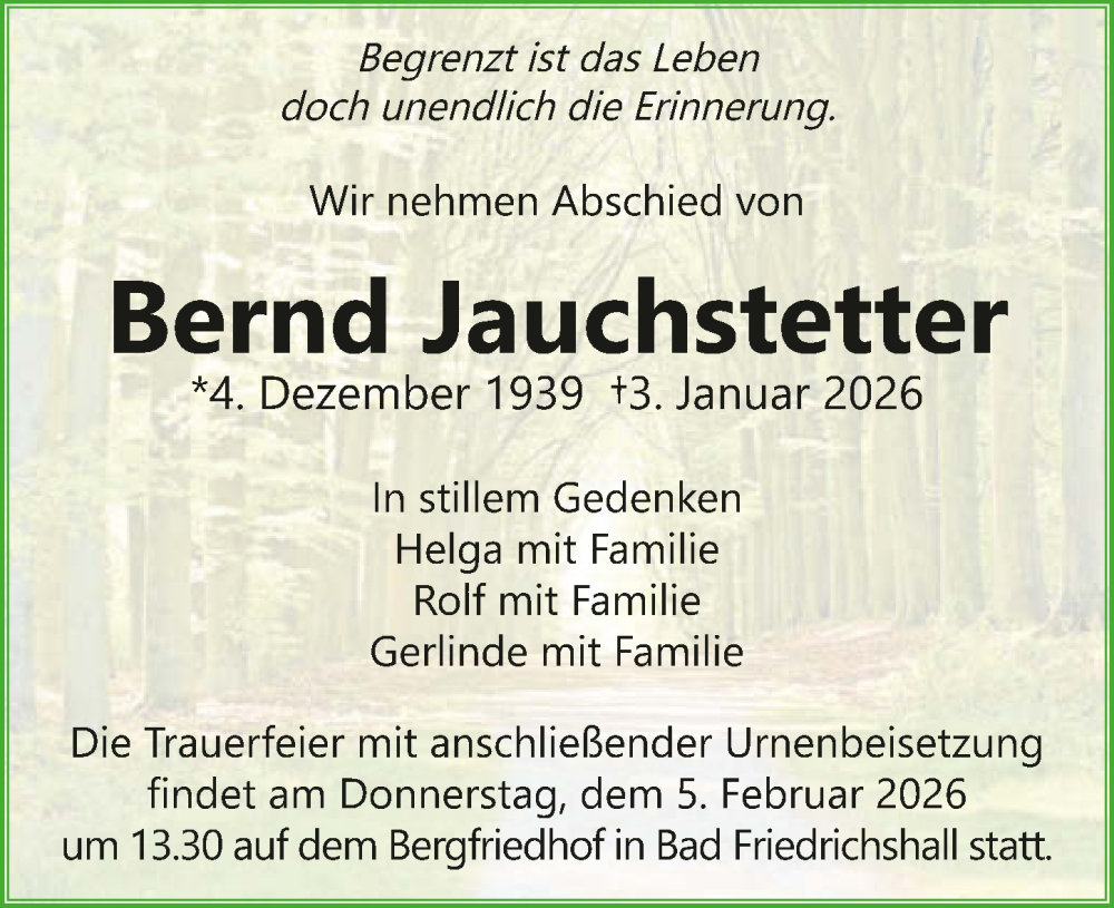  Traueranzeige für Bernd Jauchstetter vom 31.01.2026 aus GESAMT