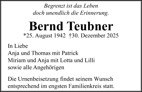 Traueranzeige von Bernd Teubner von GESAMT