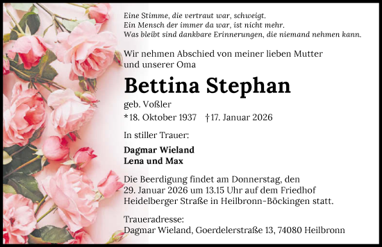 Traueranzeige von Bettina Stephan von GESAMT