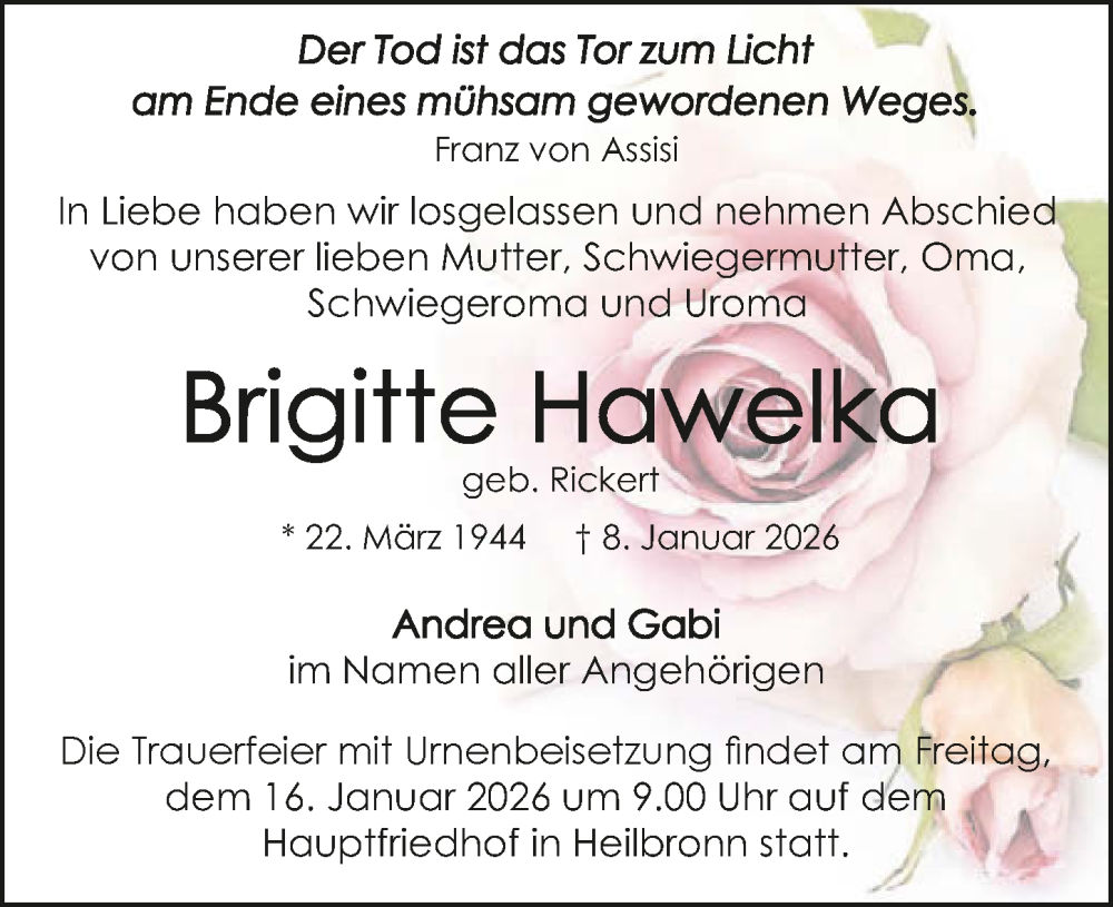  Traueranzeige für Brigitte Hawelka vom 10.01.2026 aus GESAMT