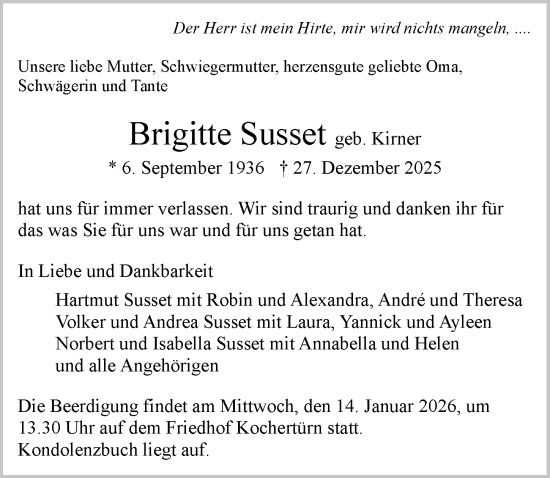 Traueranzeige von Brigitte Susset von GESAMT