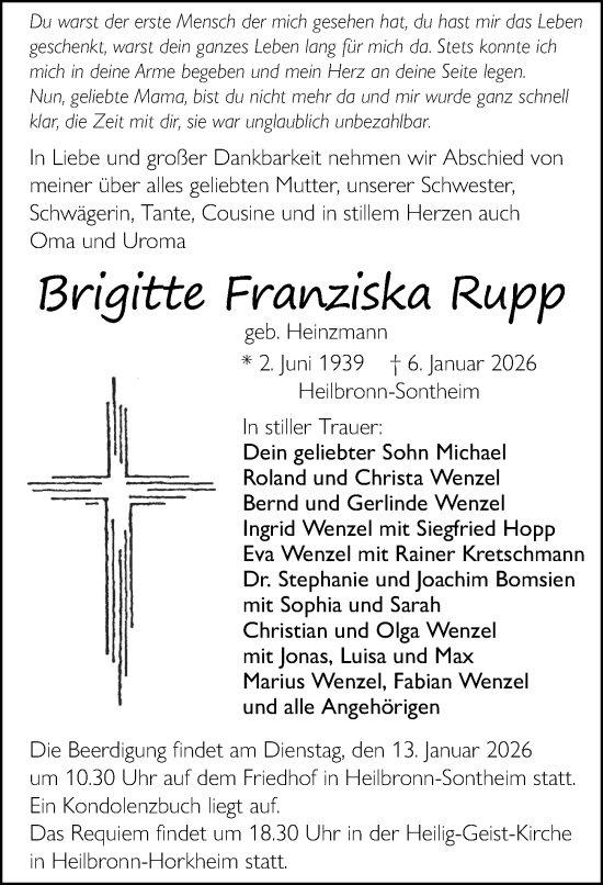 Traueranzeige von Brigitte Franziska Rupp von GESAMT
