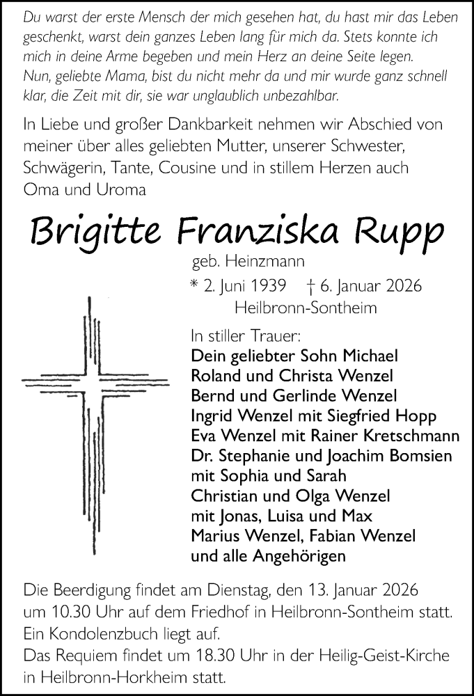  Traueranzeige für Brigitte Franziska Rupp vom 10.01.2026 aus GESAMT