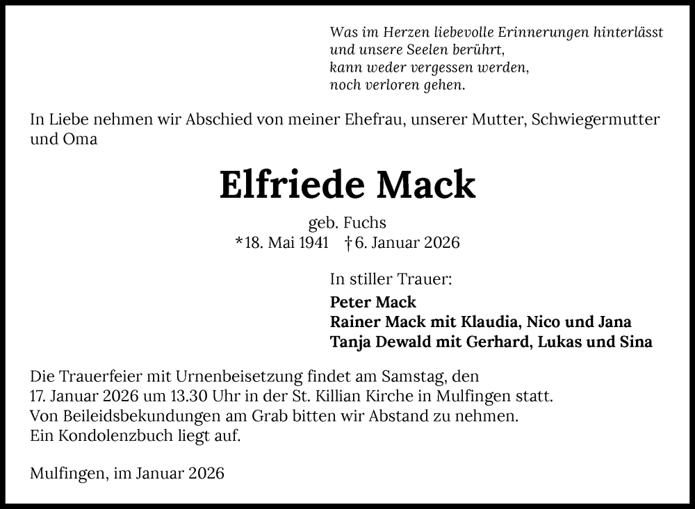  Traueranzeige für Elfriede Mack vom 13.01.2026 aus GESAMT