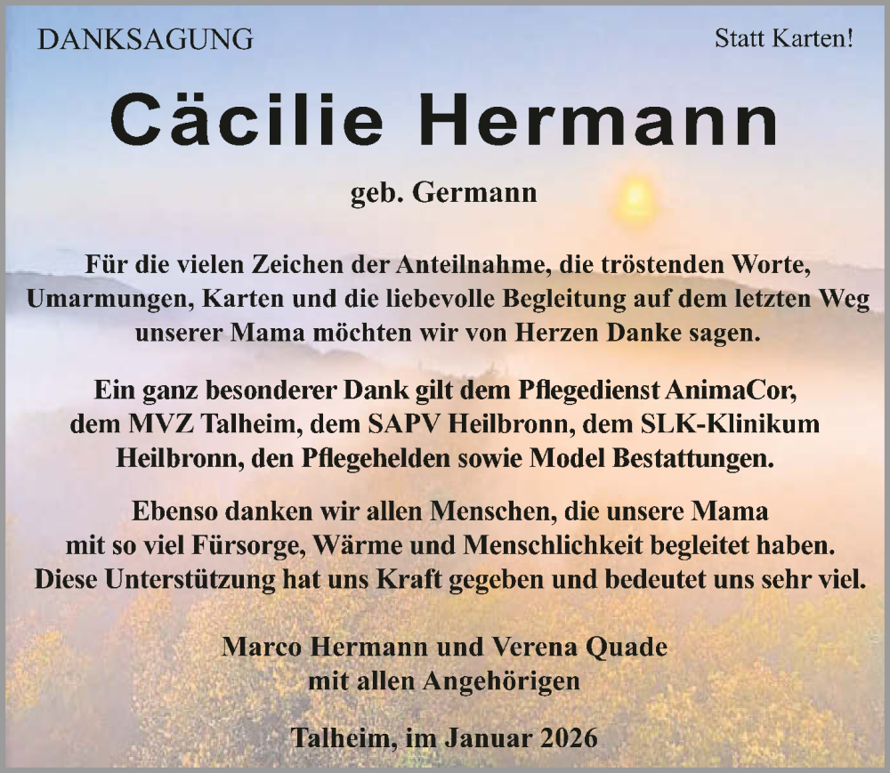  Traueranzeige für Cäcilie Hermann vom 31.01.2026 aus GESAMT