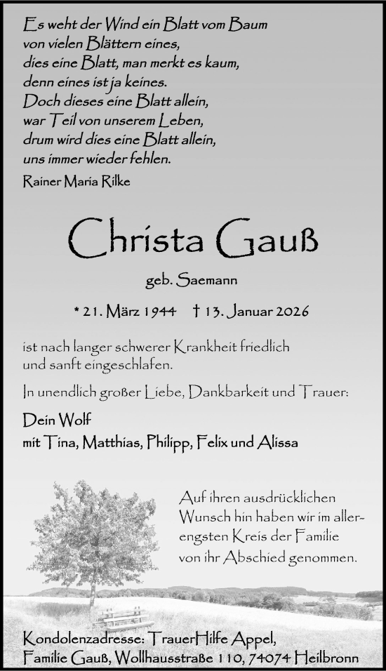 Traueranzeige von Christa Gauß von GESAMT