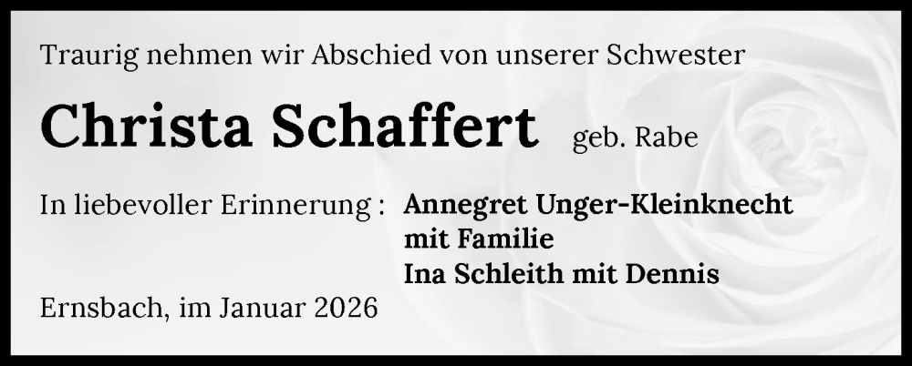  Traueranzeige für Christa Schaffert vom 17.01.2026 aus GESAMT
