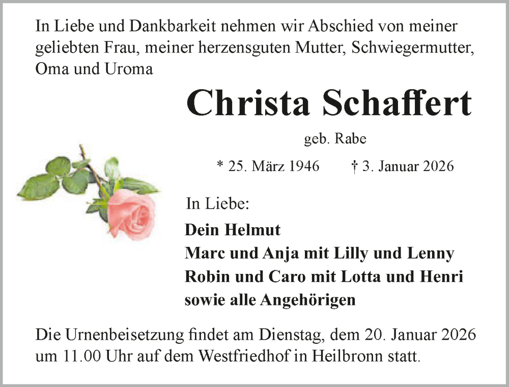  Traueranzeige für Christa Schaffert vom 10.01.2026 aus GESAMT