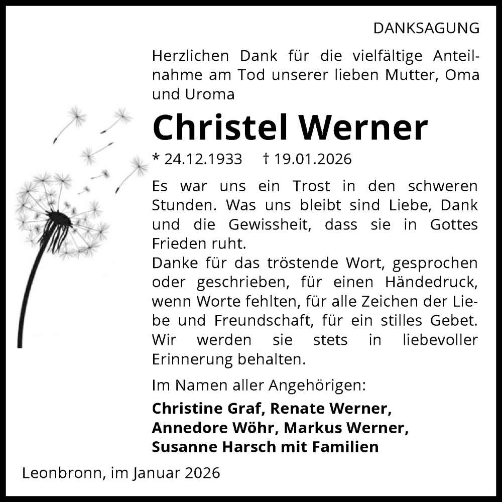  Traueranzeige für Christel Werner vom 31.01.2026 aus GESAMT