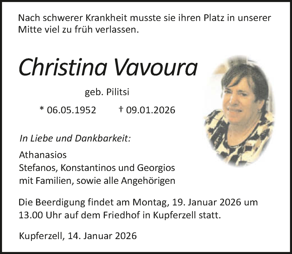  Traueranzeige für Christina Vavoura vom 14.01.2026 aus GESAMT