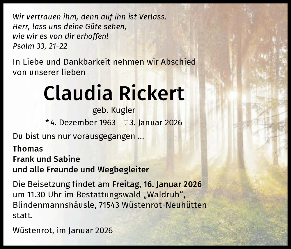  Traueranzeige für Claudia Rickert vom 10.01.2026 aus GESAMT