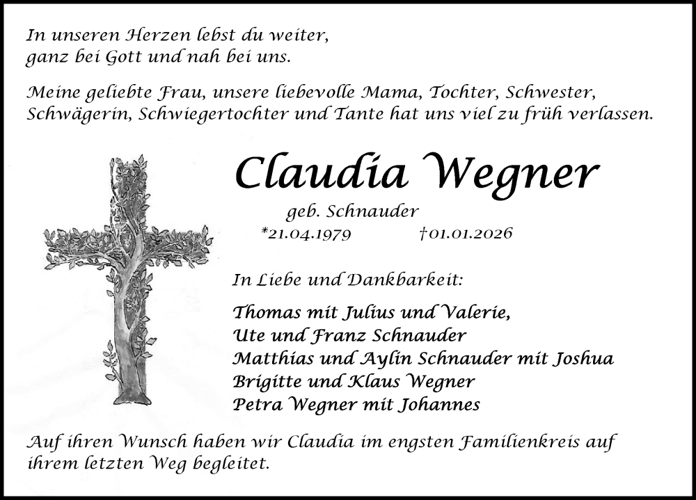  Traueranzeige für Claudia Wegner vom 24.01.2026 aus GESAMT