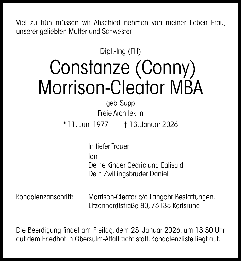  Traueranzeige für Constanze Morrison-Cleator vom 17.01.2026 aus GESAMT
