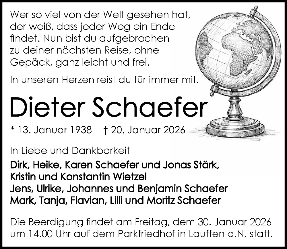  Traueranzeige für Dieter Schaefer vom 24.01.2026 aus GESAMT