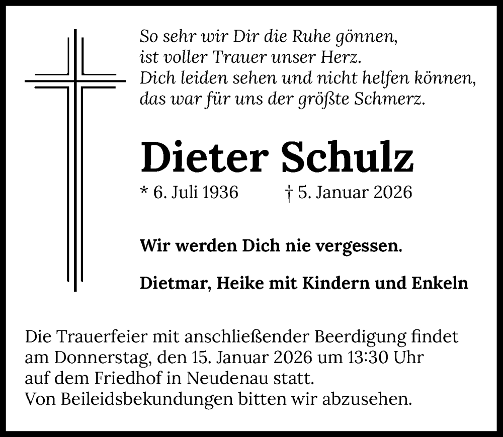  Traueranzeige für Dieter Schulz vom 10.01.2026 aus GESAMT