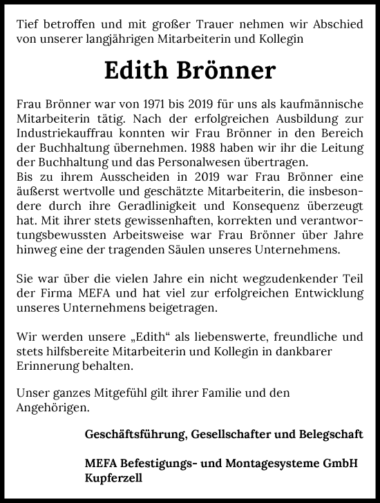 Traueranzeige von Edith Brönner von GESAMT