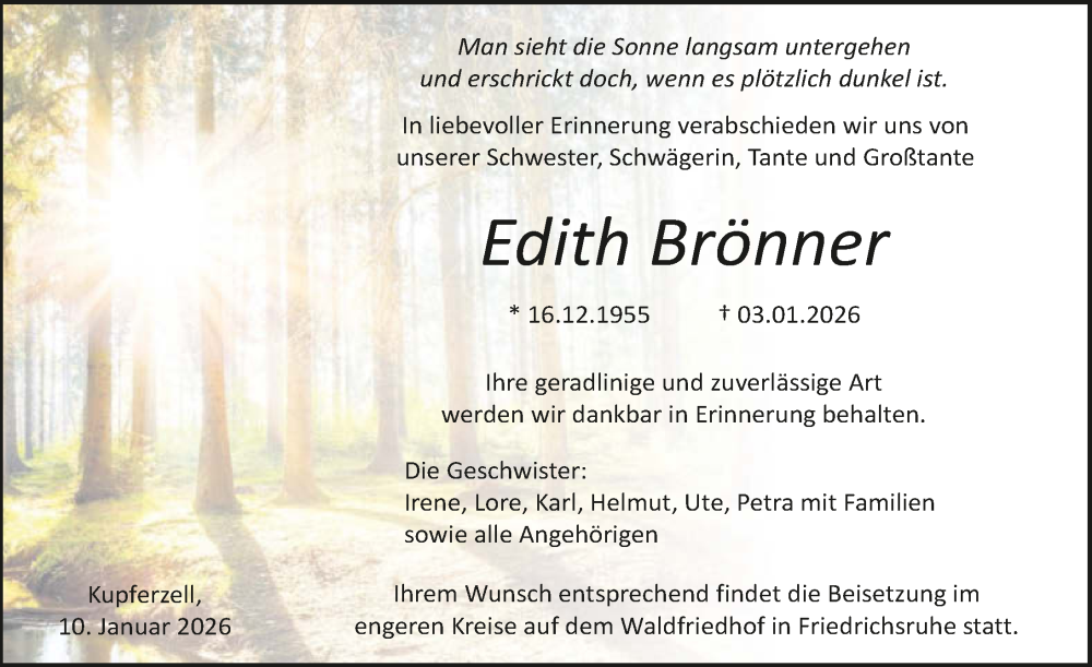  Traueranzeige für Edith Brönner vom 10.01.2026 aus GESAMT