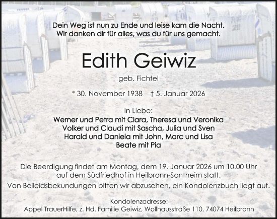 Traueranzeige von Edith Geiwiz von GESAMT